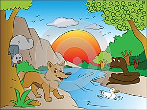 Vector of squirrel and fox watching snake on other side of lake