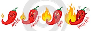 Vector st illustration of a spicy chilli peppers with flame. Cartoon red chilli for Mexican or Thai food