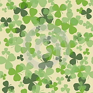 Vector St Patrick's day seamless pattern. Green clover leaves on white or beige background