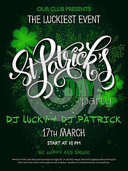 Vector st Patricks day party poster with lettering, clover leaf and branches