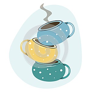 Vector stack of coffee mugs and cups - tea and coffee poster template - bright illustration in flat style. Pile of mugs