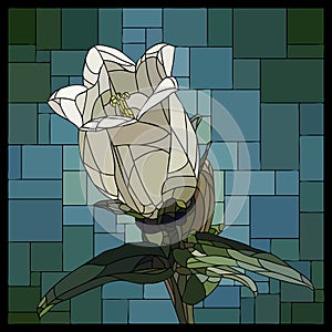 Vector stained glass window with blooming bellflower.