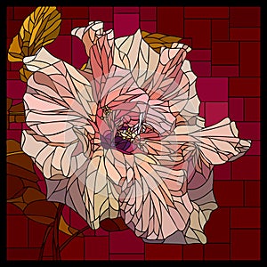 Vector stained glass window with blooming cream pink hibiscus.