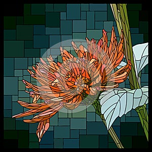 Vector stained glass window with blooming orange aster