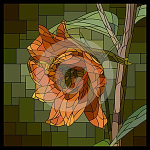 Vector stained glass window with blooming orange delphinium