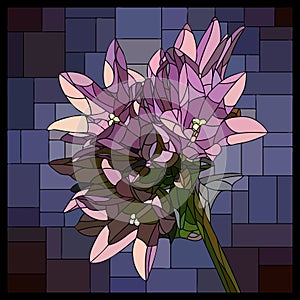 Vector stained glass window with blooming purple campanula.
