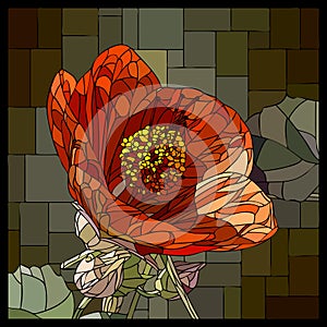 Vector stained glass window with blooming red abutilons.