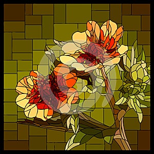 Vector stained glass window with blooming red Cinquefoil. photo