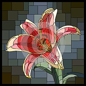 Vector stained glass window with blooming red lily.