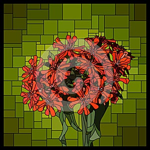 Vector stained glass window with blooming red lychnis.