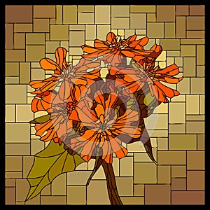 Vector stained glass window with blooming red lychnis.