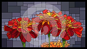 Vector stained glass window with blooming red marigolds.