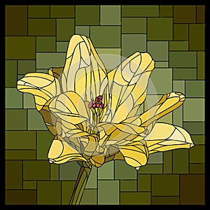Vector stained glass window with blooming yellow Lily.