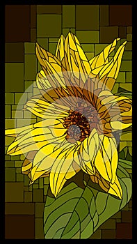 Vector stained glass window with blooming yellow sunflower.