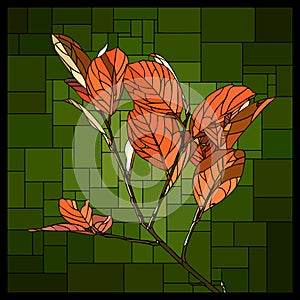 Vector stained glass window with branch with autumn orange leaves.