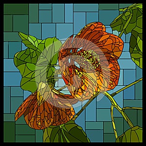 Vector stained glass window with two blooming orange abutilons.