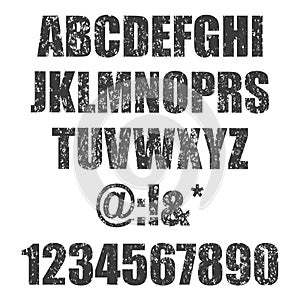 Vector stamp all Letters and numbers. Grunge texture. Vintage elements. Vector illustration. Dirty Letter Font. Distress alphabet.