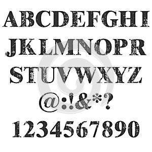 Vector stamp all Letters and numbers. Grunge texture. Vintage elements. Vector illustration. Dirty Letter Font. Distress alphabet.