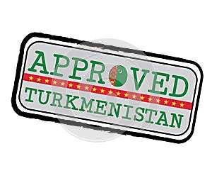 Vector Stamp of Approved logo with Turkmen Flag in the shape of O and text Turkmenistan