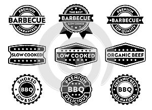 Vector stamp badge label for marketing selling barbecue product, premium beef, slow low cooked, organic, premium top quality