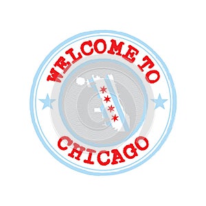 Vector Stamp of welcome to Chicago with city flag on map outline in the center