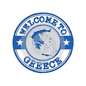 Vector stamp of welcome to Greece with map outline of the nation in center