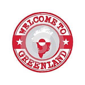 Vector stamp of welcome to Greenland with map outline of the nation in center