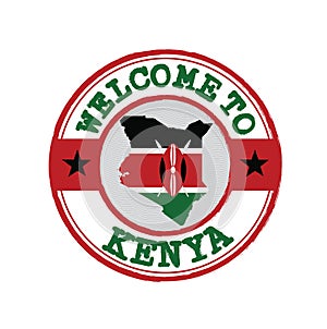 Vector stamp of welcome to Kenya with map outline of the nation in center