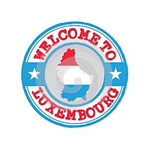 Vector stamp of welcome to Luxembourg with map outline of the nation in center