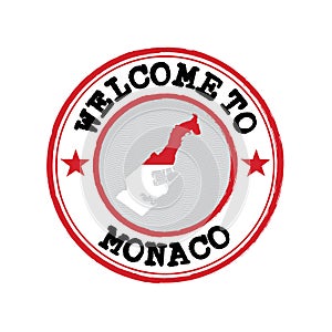 Vector Stamp of welcome to Monaco with nation flag on map outline in the center