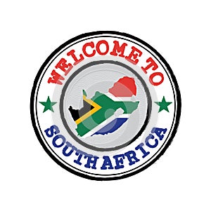 Vector stamp of welcome to South Africa with map outline of the nation in center