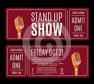 Vector stand up show tickets with retro microphone on sunburst background