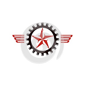 Vector star illustration composed surrounded by industry gearwheel.