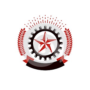 Vector star logo composed using laurel wreath and surrounded by industry gearwheel. Empire of evil, dictatorship and manipulation