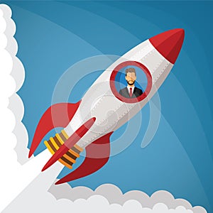 Vector startup business concept with businessman in space rocket window