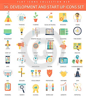 Vector startup and development flat icon set. Elegant style design.