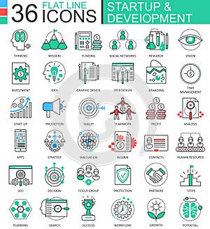 Vector Startup and development modern color flat line outline icons for apps and web design.