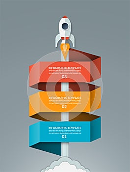 Vector startup infographics. Starting space rocket with 3 options banner. photo