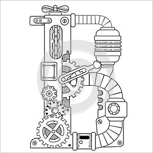 Vector Steampunk coloring book for adults. Mechanical letter alphabet made of metal gears and various details on white