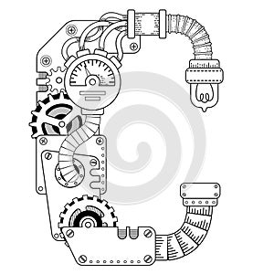 Vector Steampunk coloring book for adults. Mechanical letter alphabet made of metal gears and various details on white