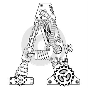 Vector Steampunk coloring book for adults. Mechanical letter alphabet made of metal gears and various details on white