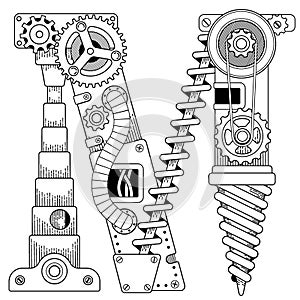 Vector Steampunk coloring book for adults. Mechanical letter alphabet made of metal gears and various details on white