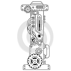 Vector Steampunk coloring book for adults. Mechanical letter alphabet made of metal gears and various details on white