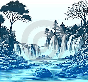 Vector stencil of a forested mountain landscape featuring a waterfall