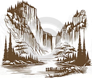 Vector stencil of a forested mountain landscape with waterfall