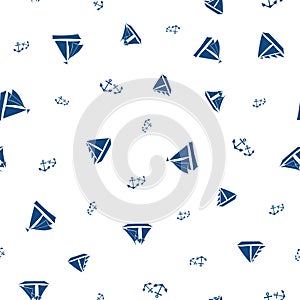 Vector stencil style navy blue sailing boats and sets of anchors in all over print design. Seamless pattern on white