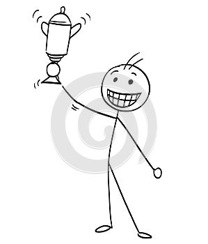 Vector Stick Man Cartoon of Happy Man Holding a Trophy Winning