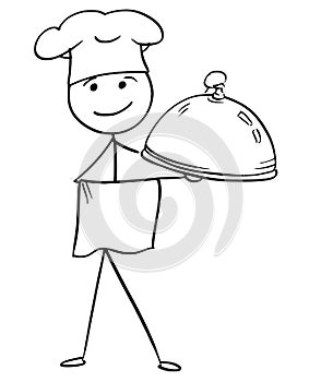 Vector Stick Man Cartoon of Male Cook Chef in Hat Holding