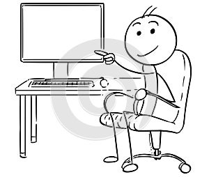 Vector Stick Man Cartoon of Man Pointing at Empty Computer photo