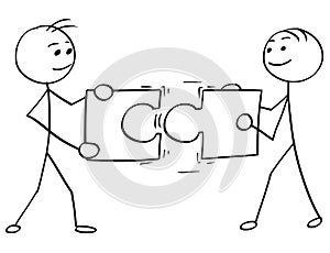 Vector Stick Man Cartoon of Two Men Holding a Large Jigsaw photo